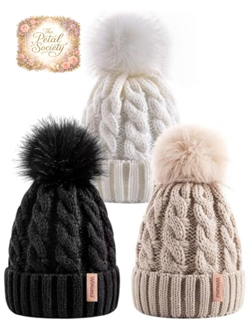 3 Pack Womens Beanie with Pom Pom 100% Acrylic Knit Winter Hats